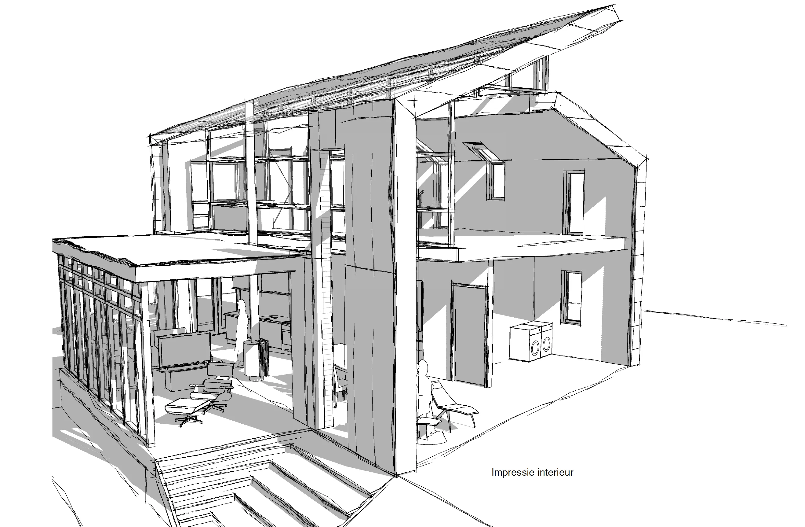 Interieurimpressie met constructiedetails van nieuwbouwwoning Westerdel